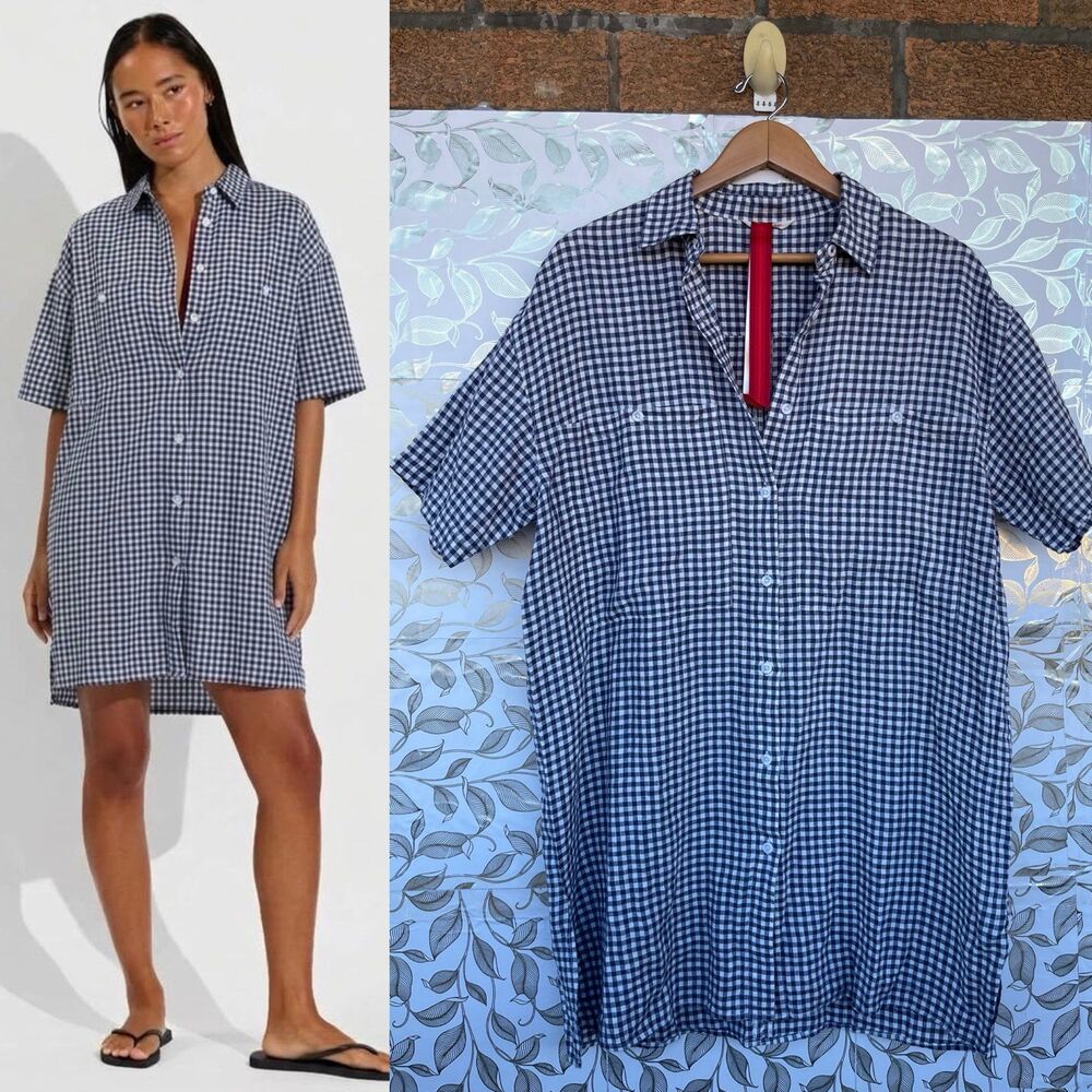 Left On Friday Gingham Linen Button Down Dress S/M Resortwear